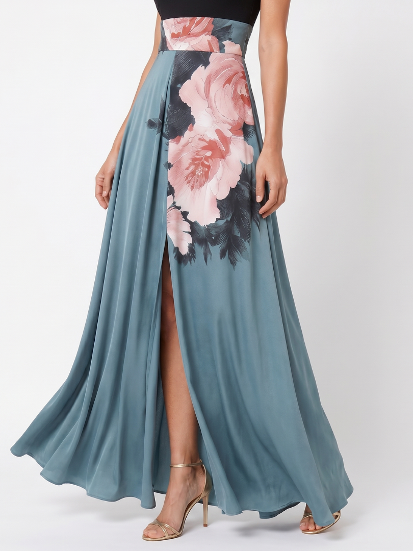 Multicolour floral halter-neck maxi dress with fitted bodice and flowing skirt with front split