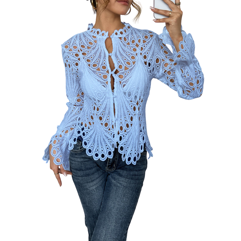 Women's openwork trim blouse in white with wide flowing sleeves and a romantic floral openwork front panel
