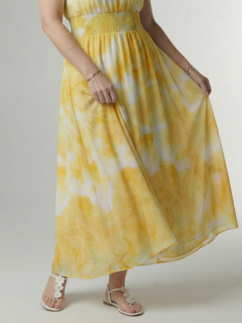 Yellow halter neck midi dress with a ruched waist detail in a clean, simple silhouette