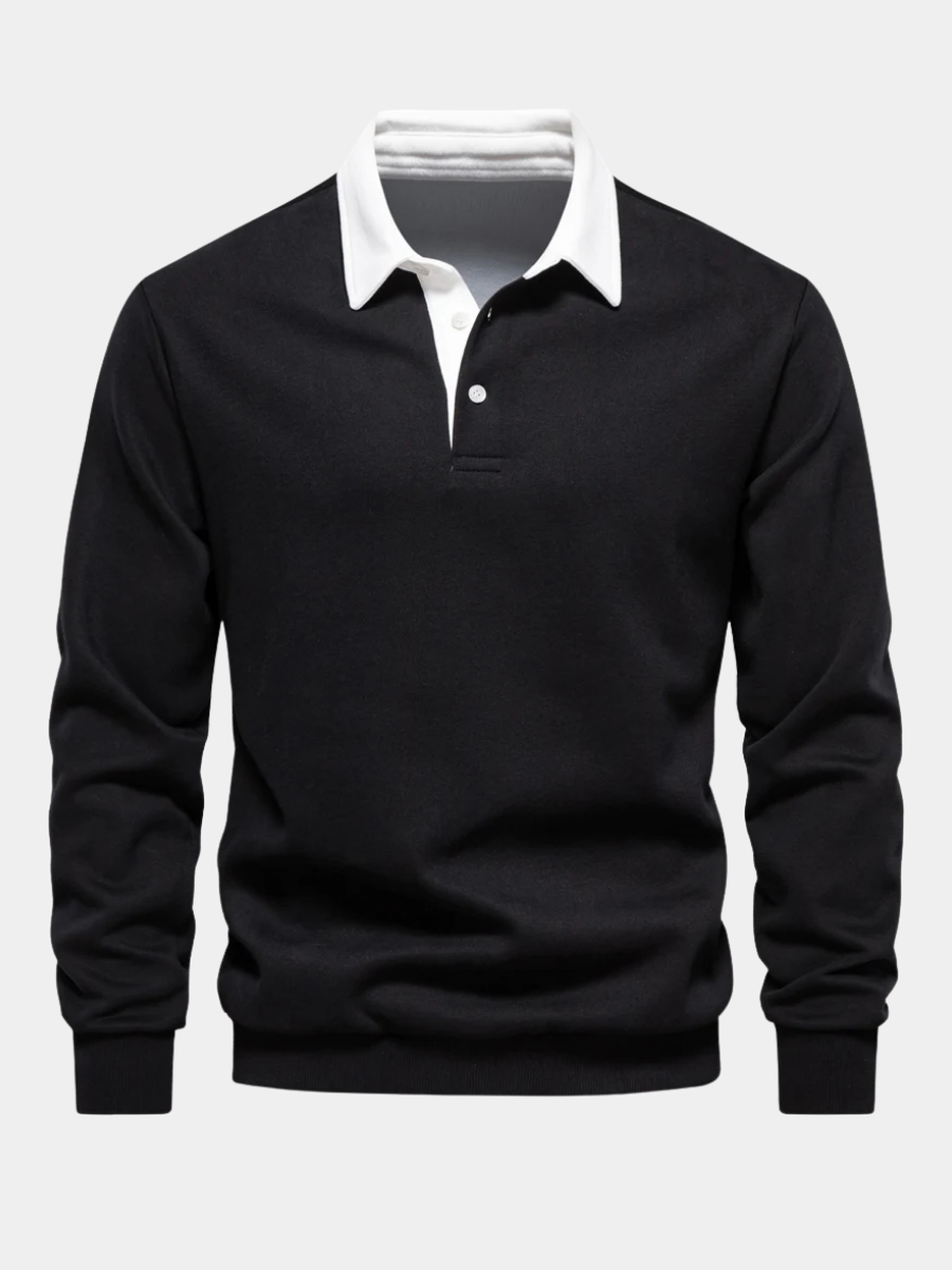 Men's contrast polo jumper in black with classic collar and button placket
