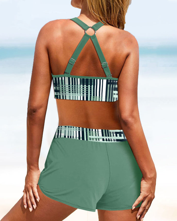 Textured high-waist bikini in green with a subtle ribbed finish and secure bandeau-style top