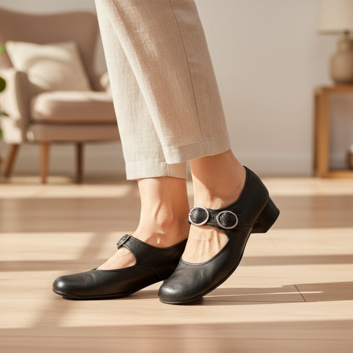 Classic comfort heeled shoes in black, red, brown and blue with a refined silhouette and cushioned sole