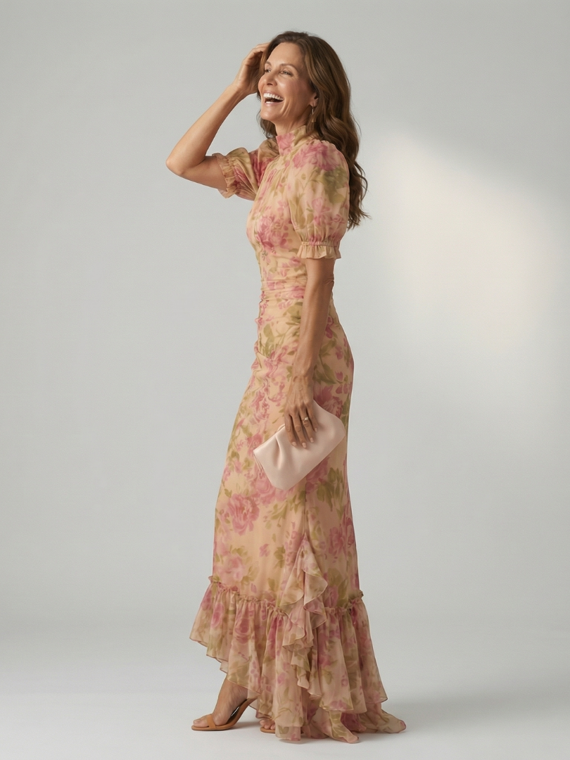 Floral maxi dress with gathered high neck, puffed short sleeves and frill hem detail