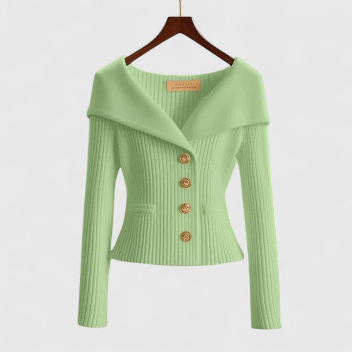 Soft elegant cardigan in yellow, red, white and black with a classic neat silhouette