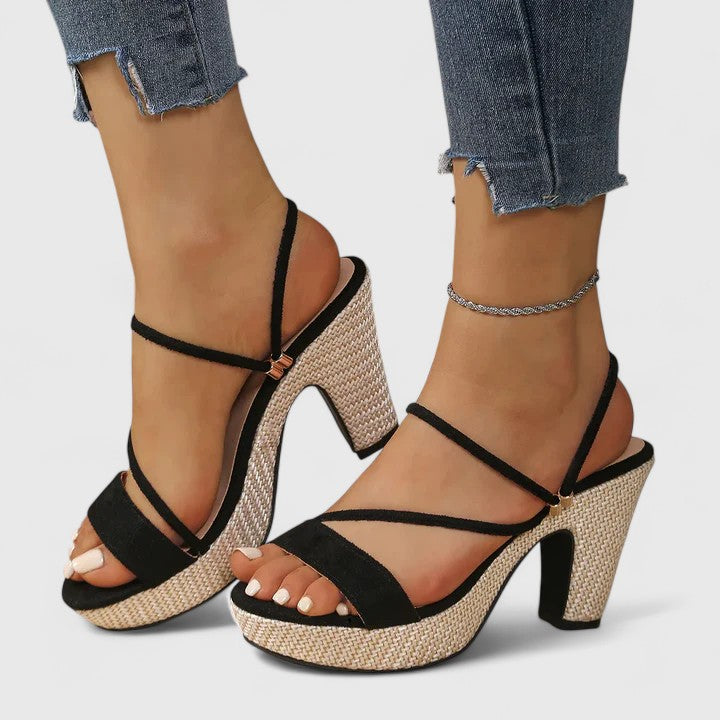 Women's strappy block-heel sandals in black with slim adjustable straps