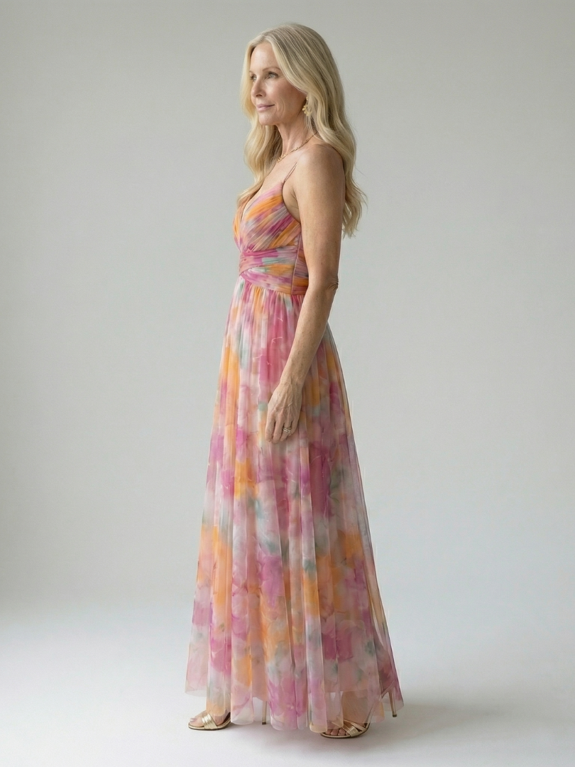 Multicolour sleeveless wrap maxi dress with thin straps, defined waist and flowing skirt