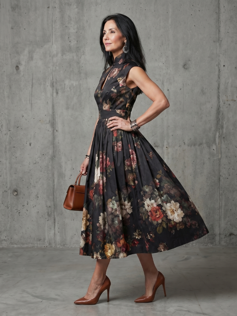Black floral sleeveless midi dress with high neck and gently pleated skirt