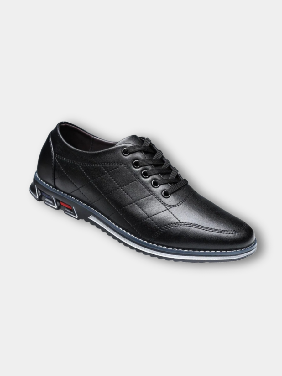 Men's black comfort dress shoes with a clean profile and polished upper on a neutral background