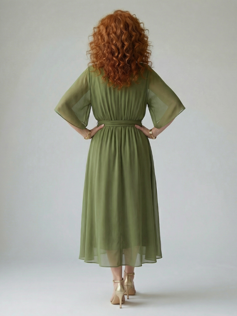 Green floaty midi dress with a draped V-neckline and soft bow waist detail