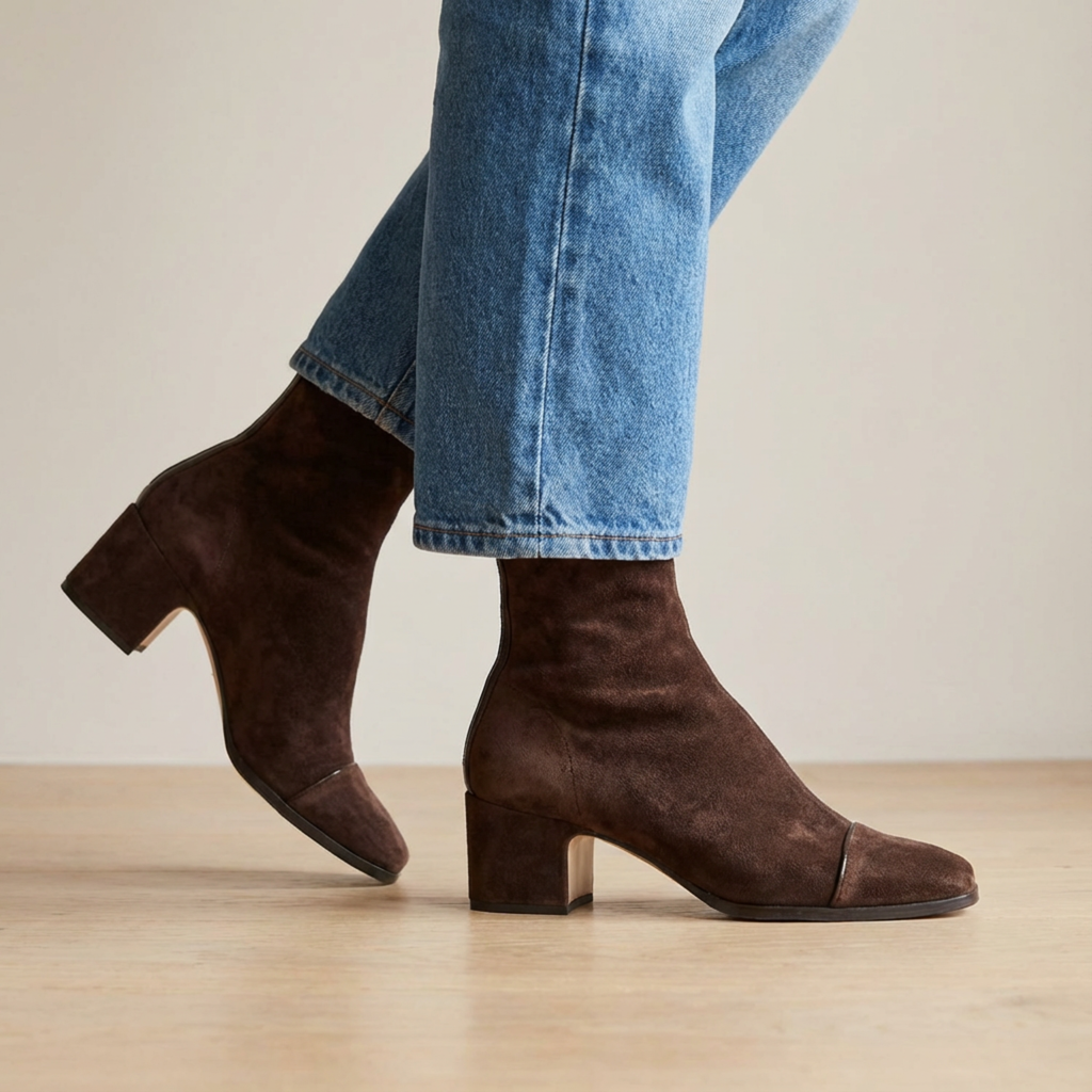 Block heel square toe ankle boots in dark brown, stone grey, leopard, purple, burgundy and mustard