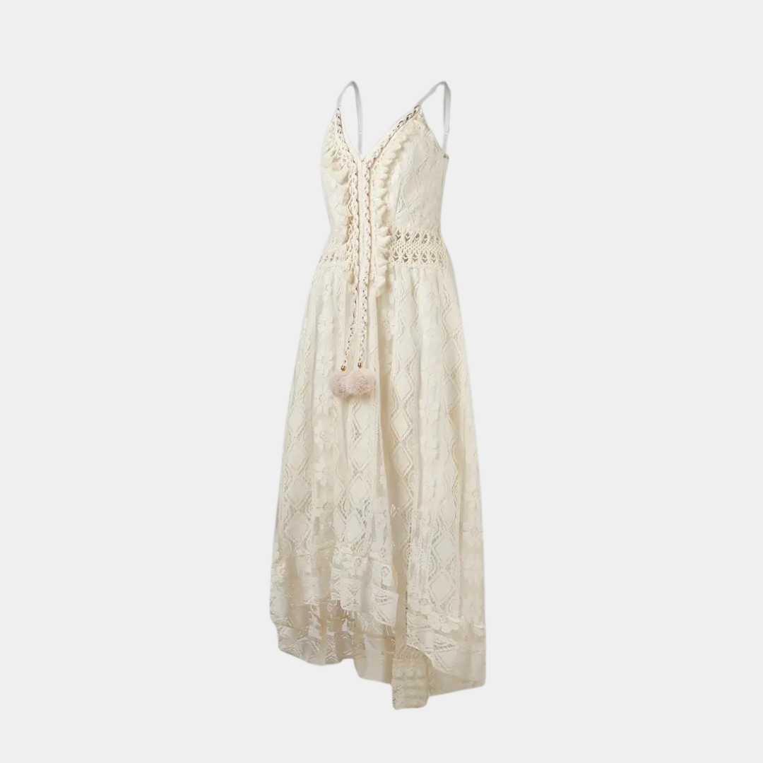 Woman wearing the Alice™ elegant boho midi dress with intricate detailing and a V-neckline at a summer garden party.