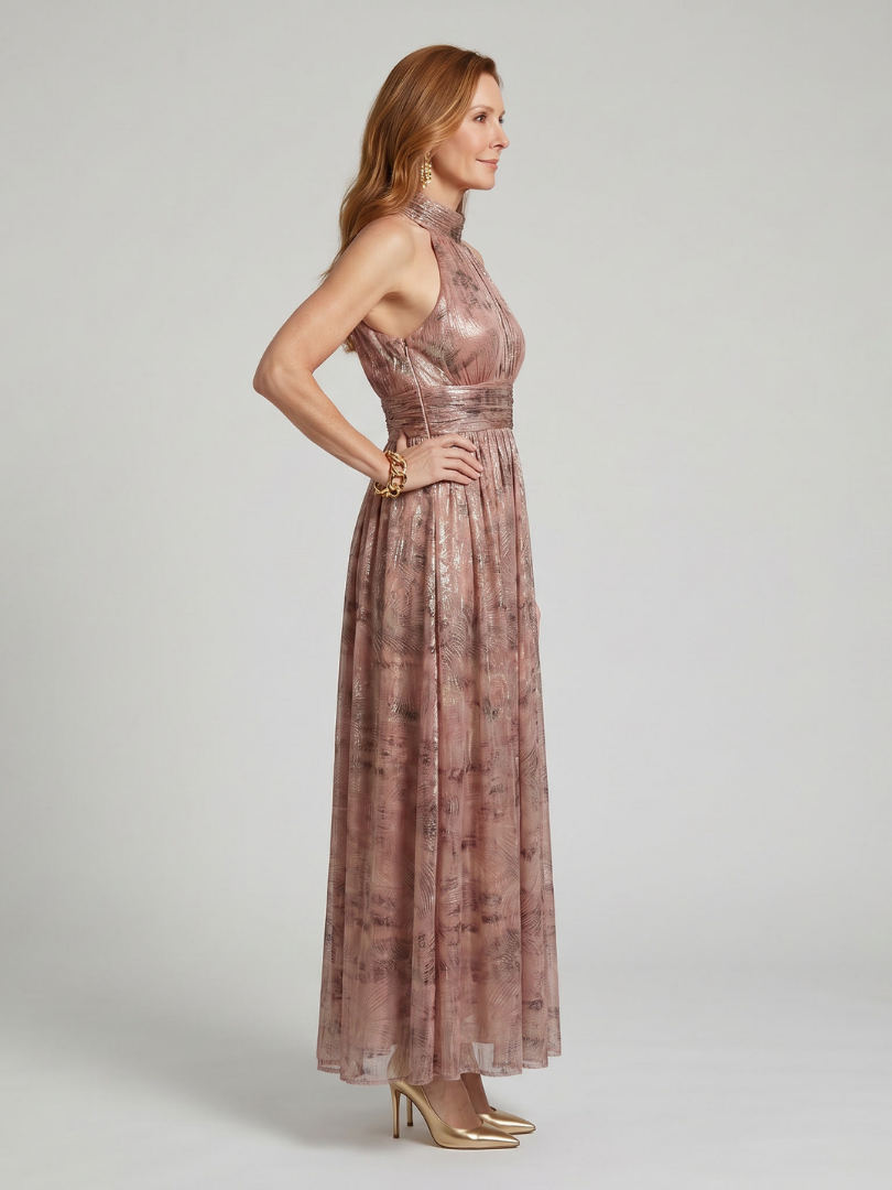 Pink sleeveless high-neck midi dress with a subtle textured finish and pleated skirt