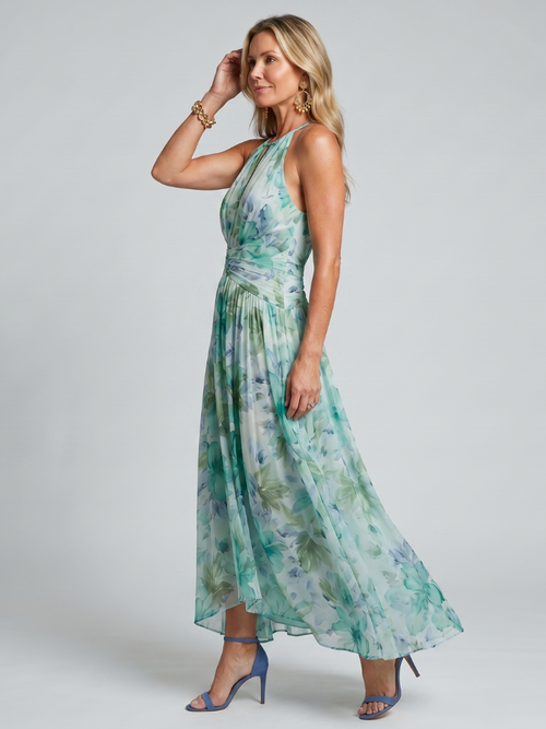 Green floral halter-neck midi dress with subtle keyhole neckline and pleated flowing skirt