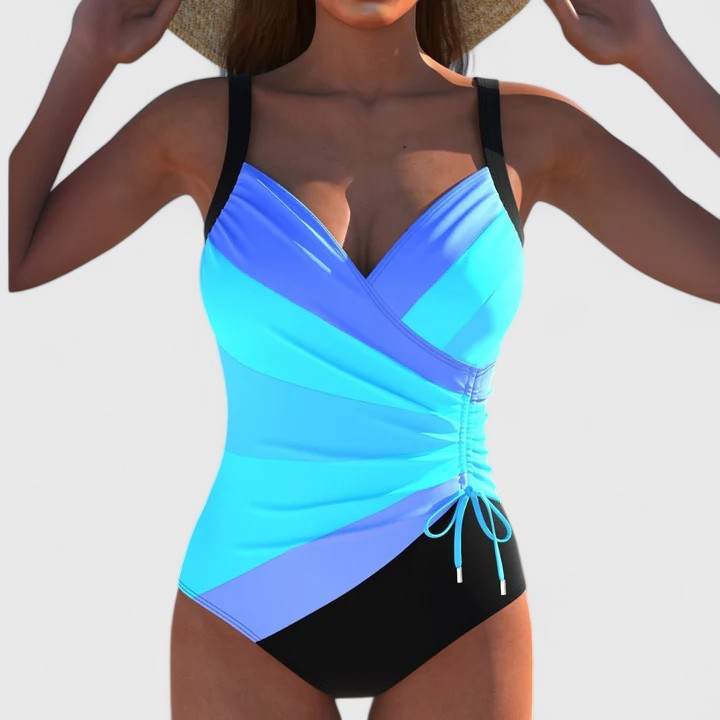 Vibrant multicolour one-piece swimsuit with a softly draped front