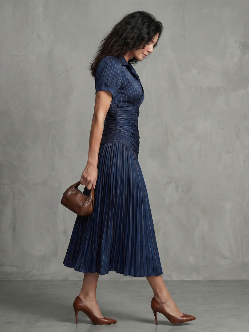 Blue and white striped midi dress with collared neckline and gently pleated waist and skirt