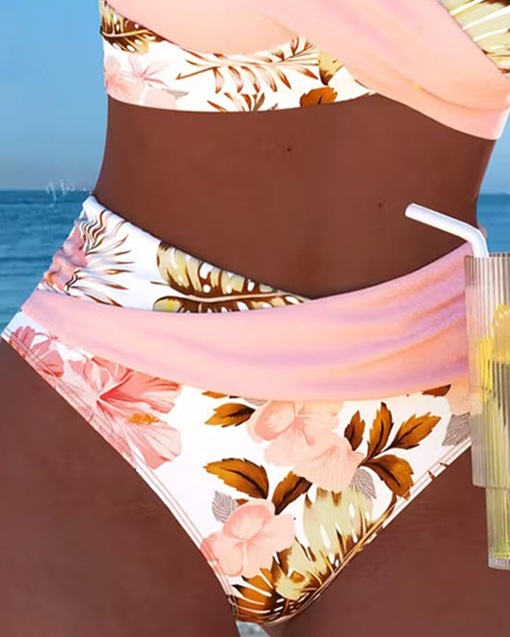 Floral bikini in pink with a cutout panel detail on the top