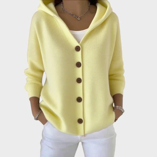 Relaxed oversized hooded cardigan with large buttons in rose pink, beige and blue shades