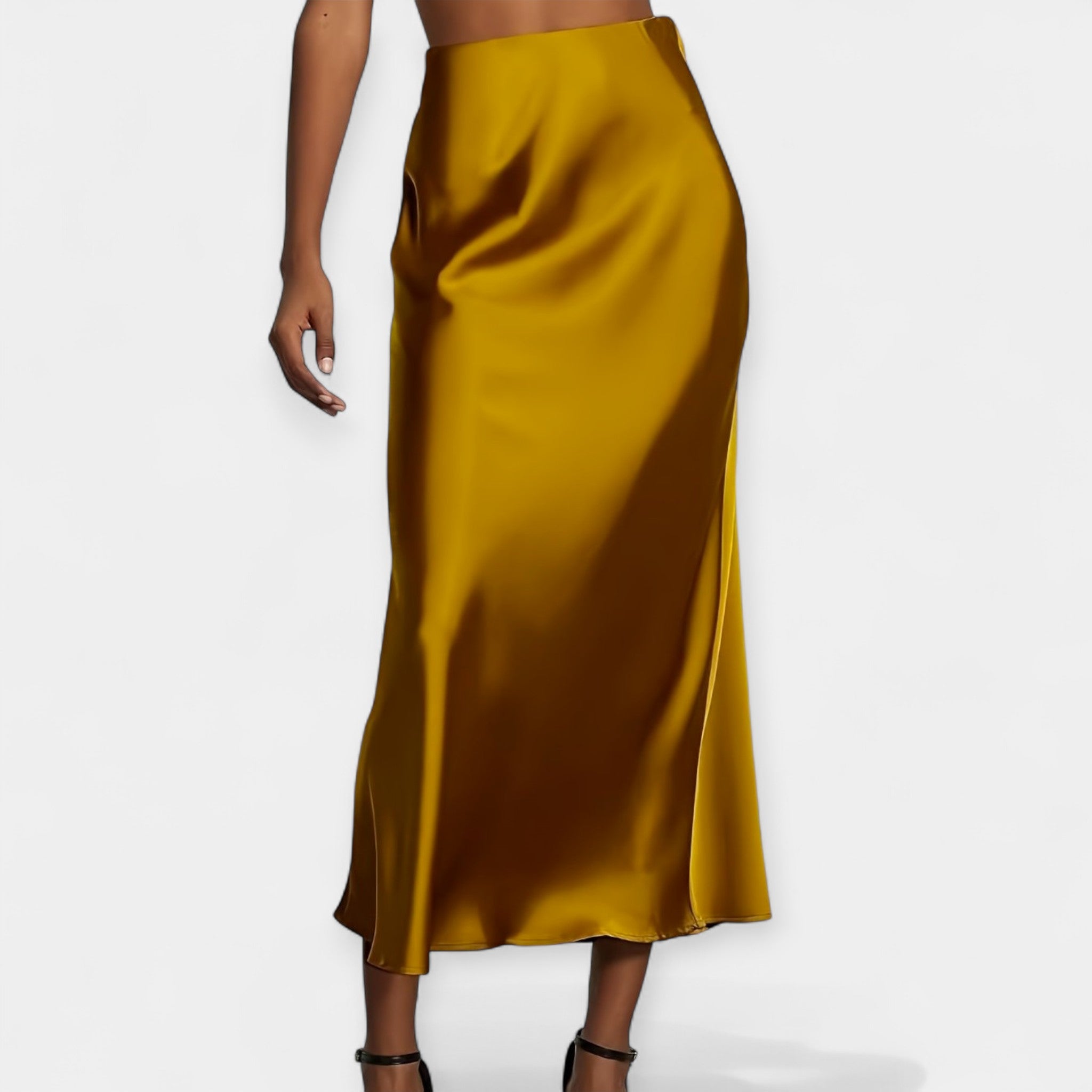 High-waist smooth midi skirt in black with a flowing wide-cut silhouette and lustrous finish