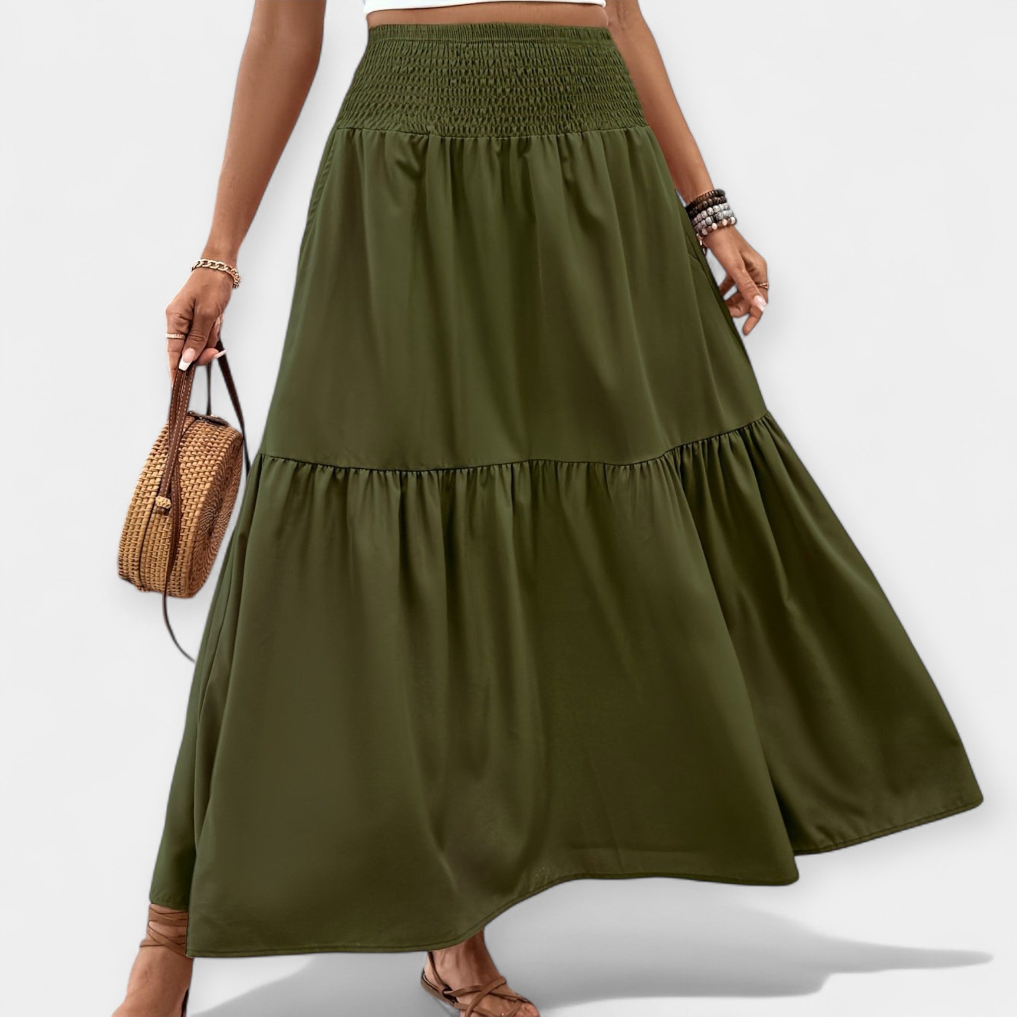 Floral midi skirt in violet print with elasticated waist and discreet side pockets