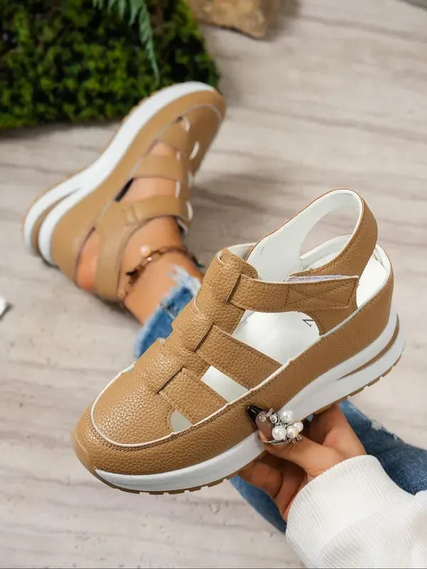 Women's strappy comfort sandals with a cushioned sole in a neutral tan colourway