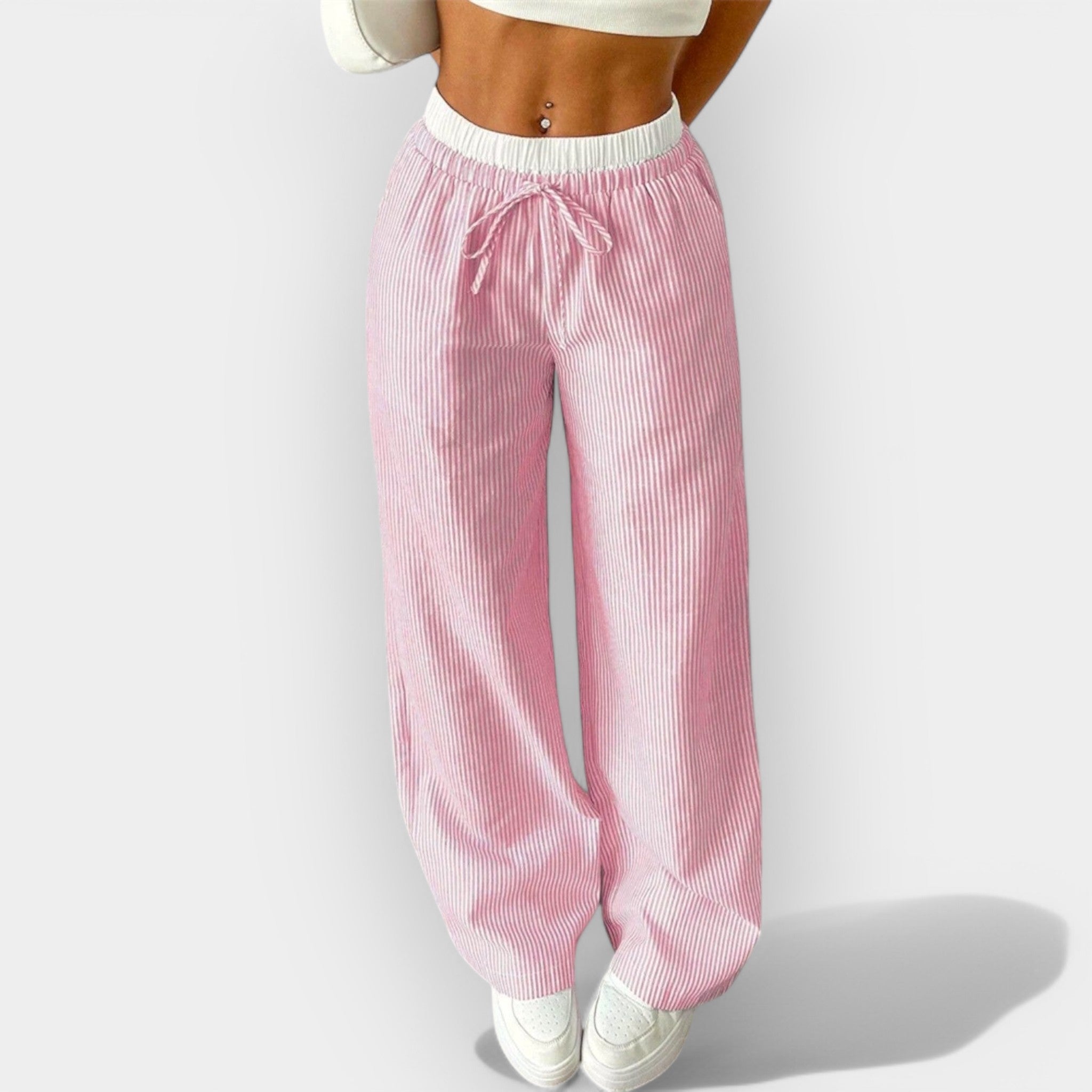 Women's wide-leg trousers in blue with fine vertical stripes and an ultra-wide waistband