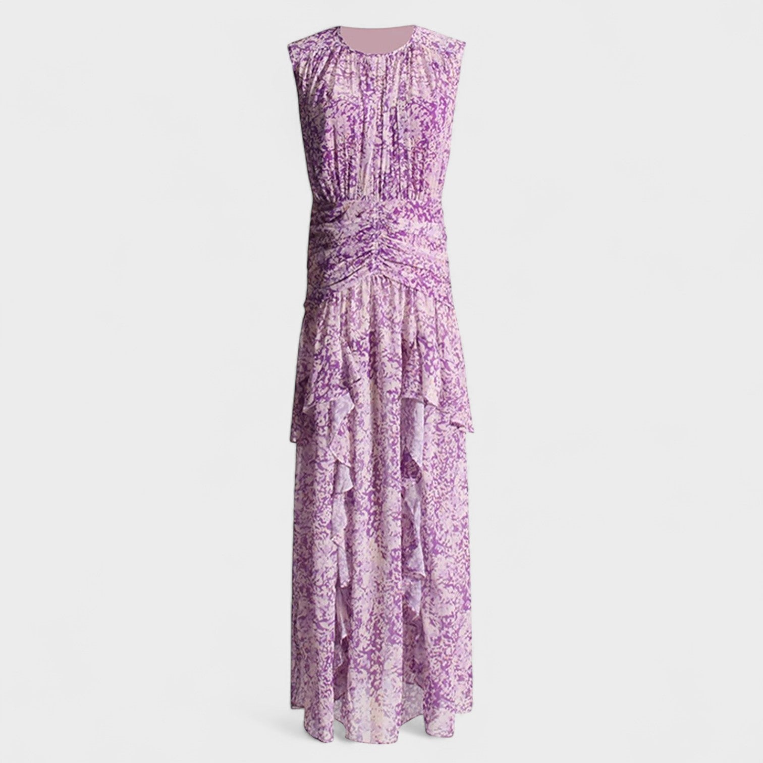 A purple floral fluid midi dress with a gently fitted bodice and flowing skirt