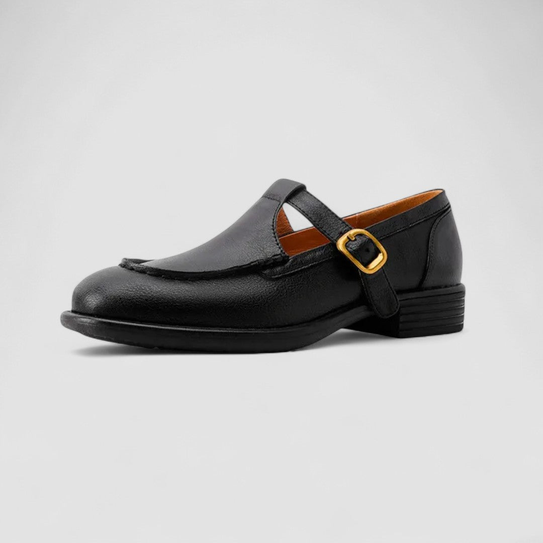A woman in brown square-toe Mary Jane shoes, comfortable and modern at the office.