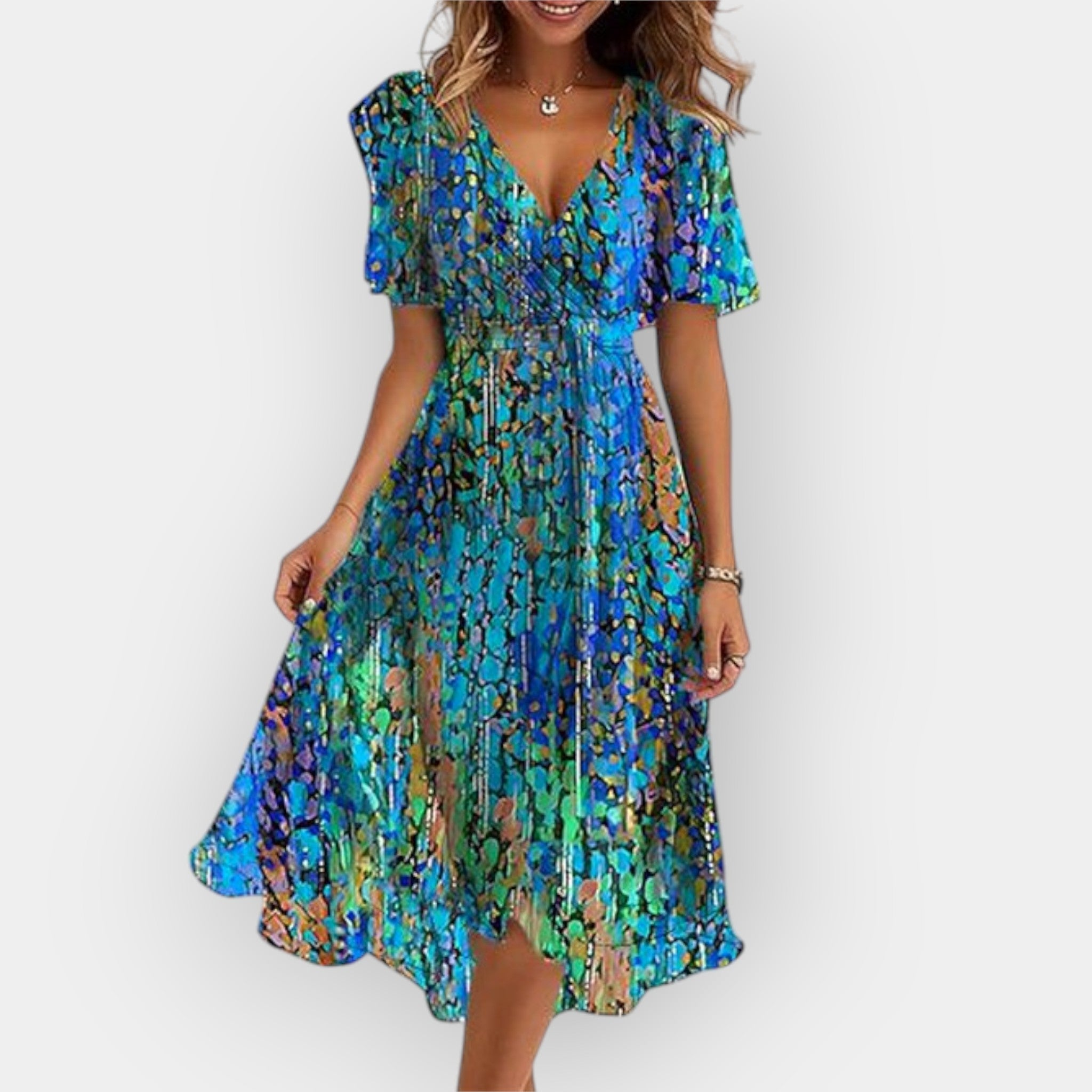 Light elegant midi floaty dress with a graceful fluid silhouette