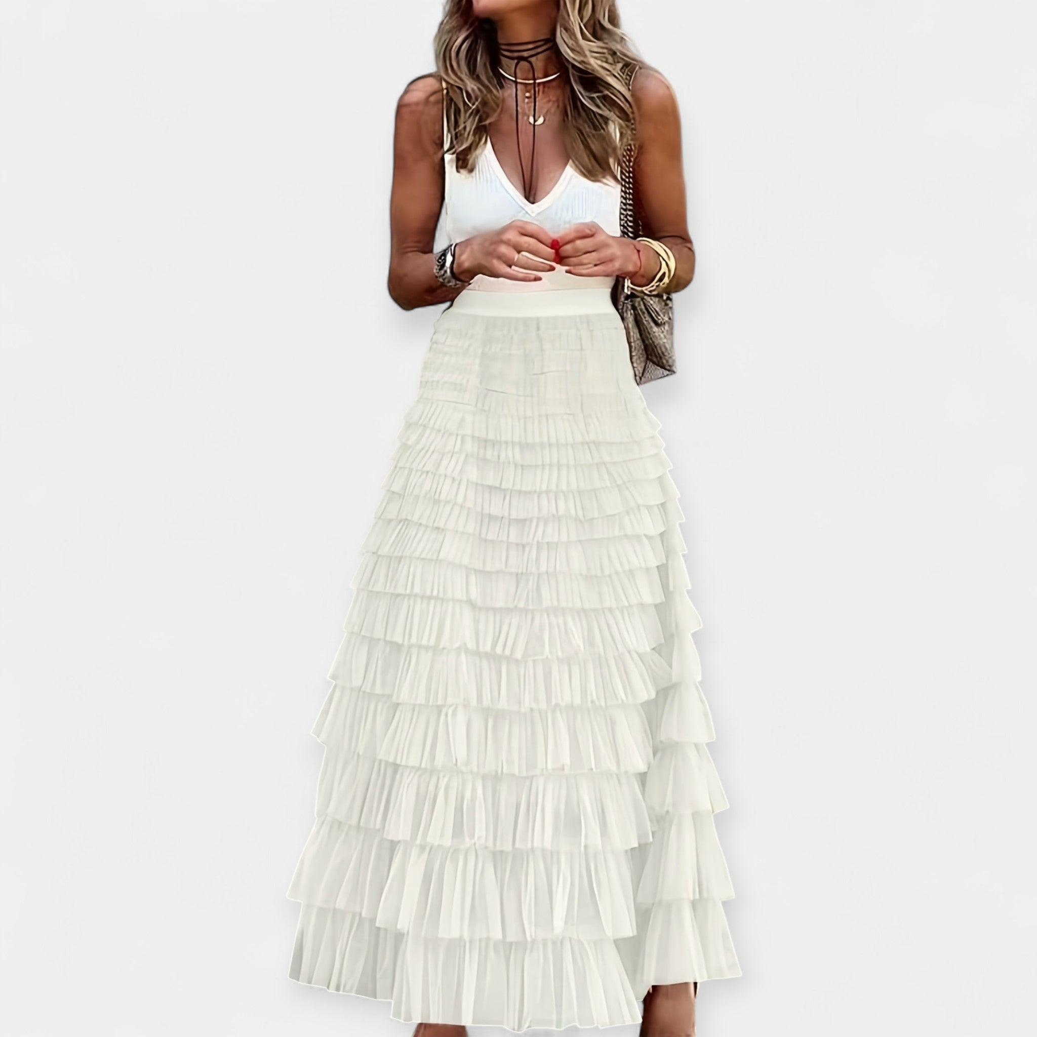 Boho high-waist midi skirt in dark green with a mesh hem border detail