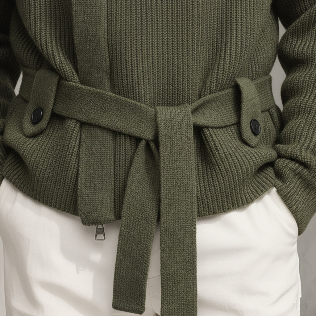 Men's zip-up stand-collar knit cardigan with belt in a relaxed smart-casual style