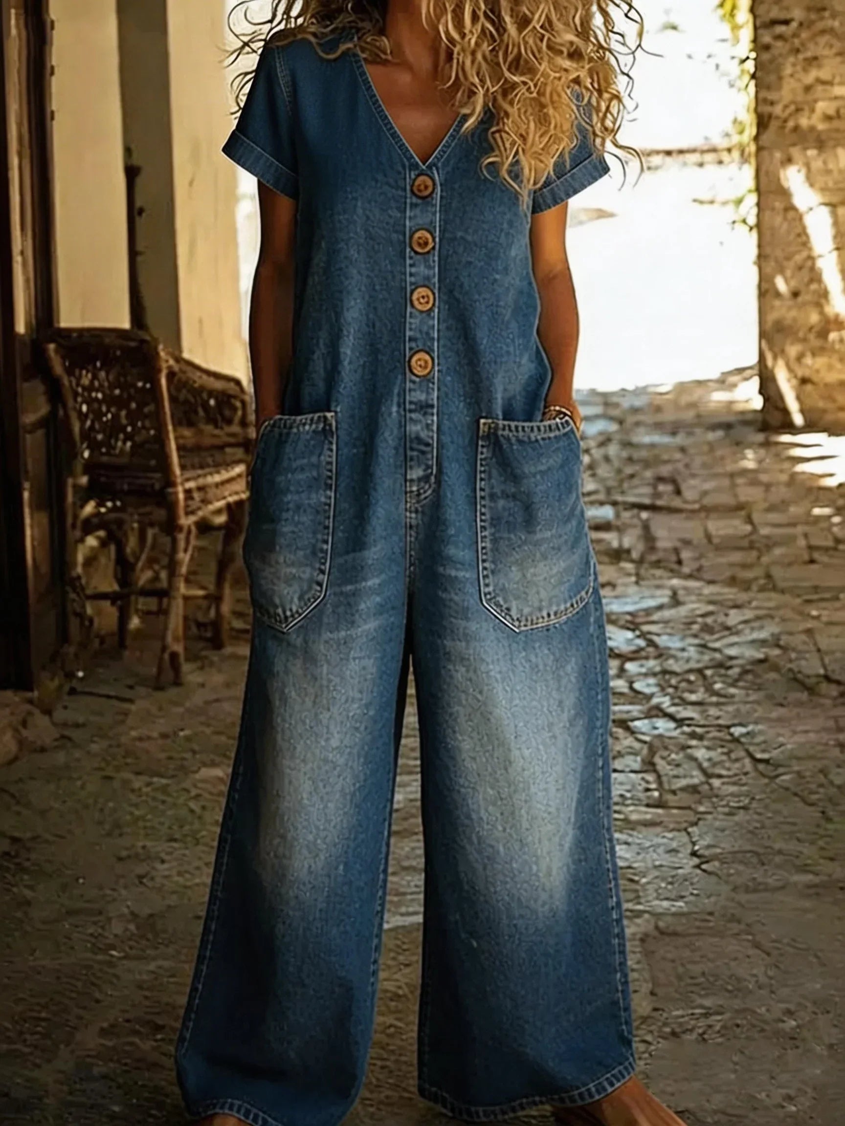 Denise – V-neck Denim Jumpsuit