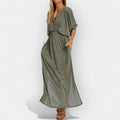 Long floaty retro-inspired dress in soft grey with a graceful, fluid silhouette