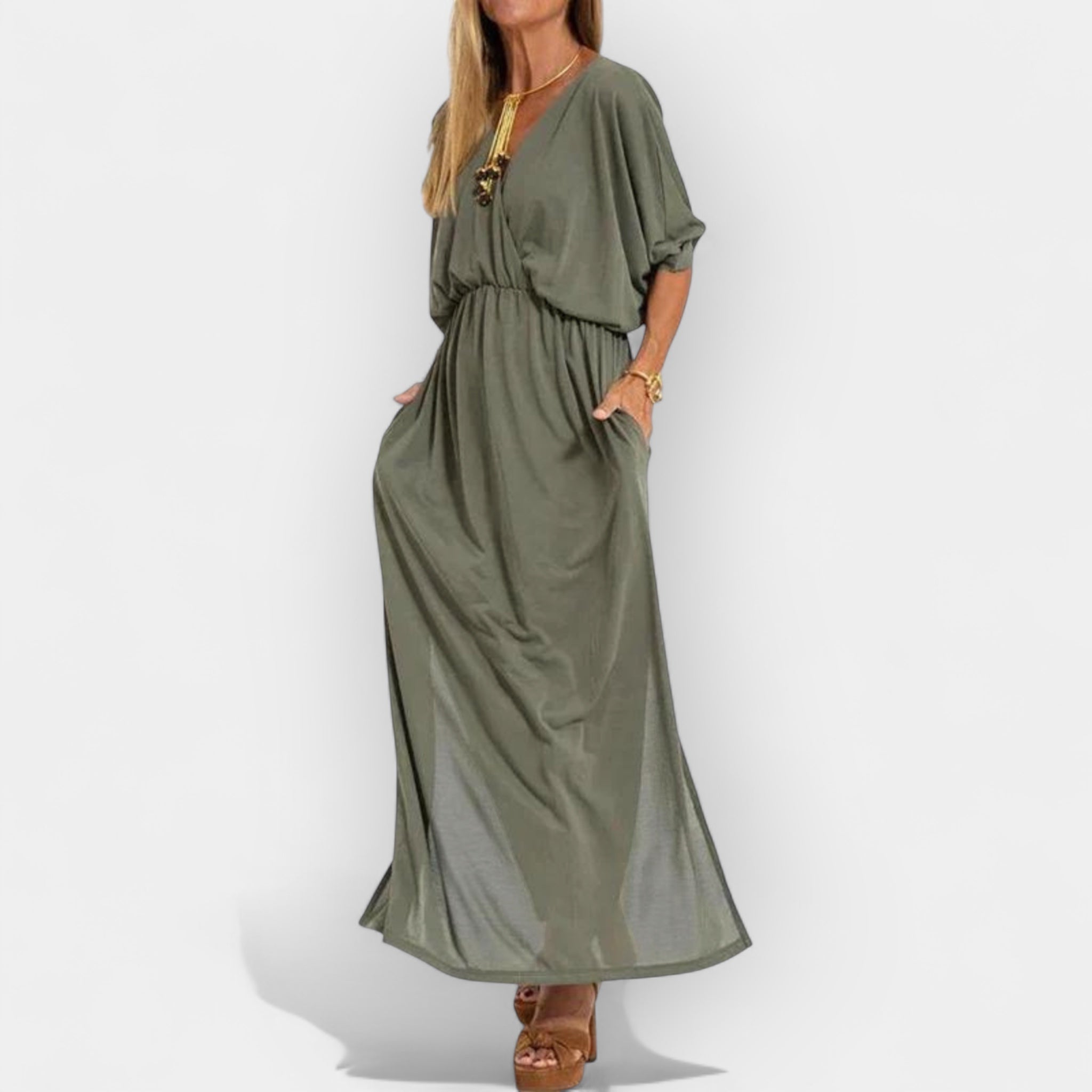 Long floaty retro-inspired dress in soft grey with a graceful, fluid silhouette
