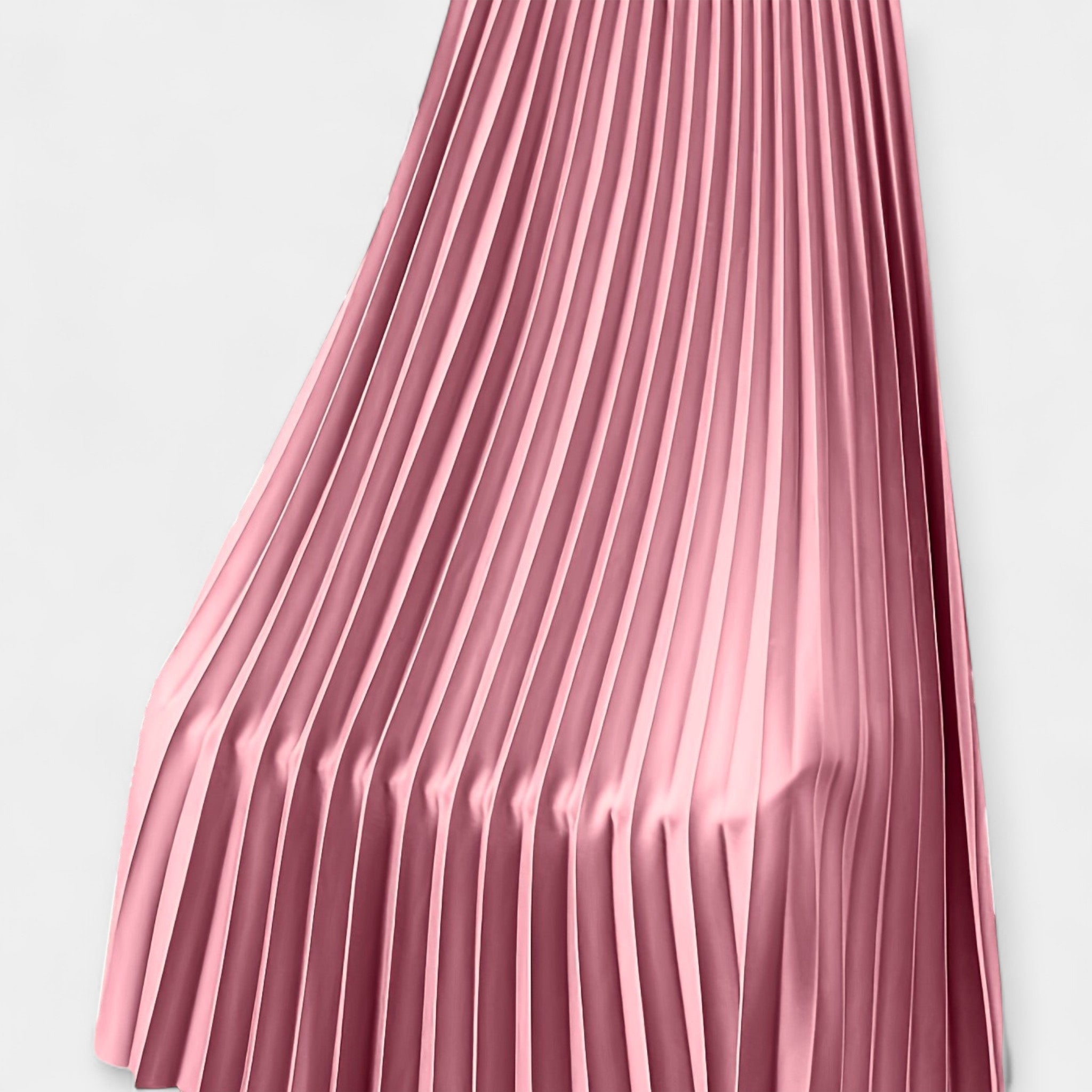 Wide pleated high-waist midi skirt in soft blush pink with a flowing silhouette