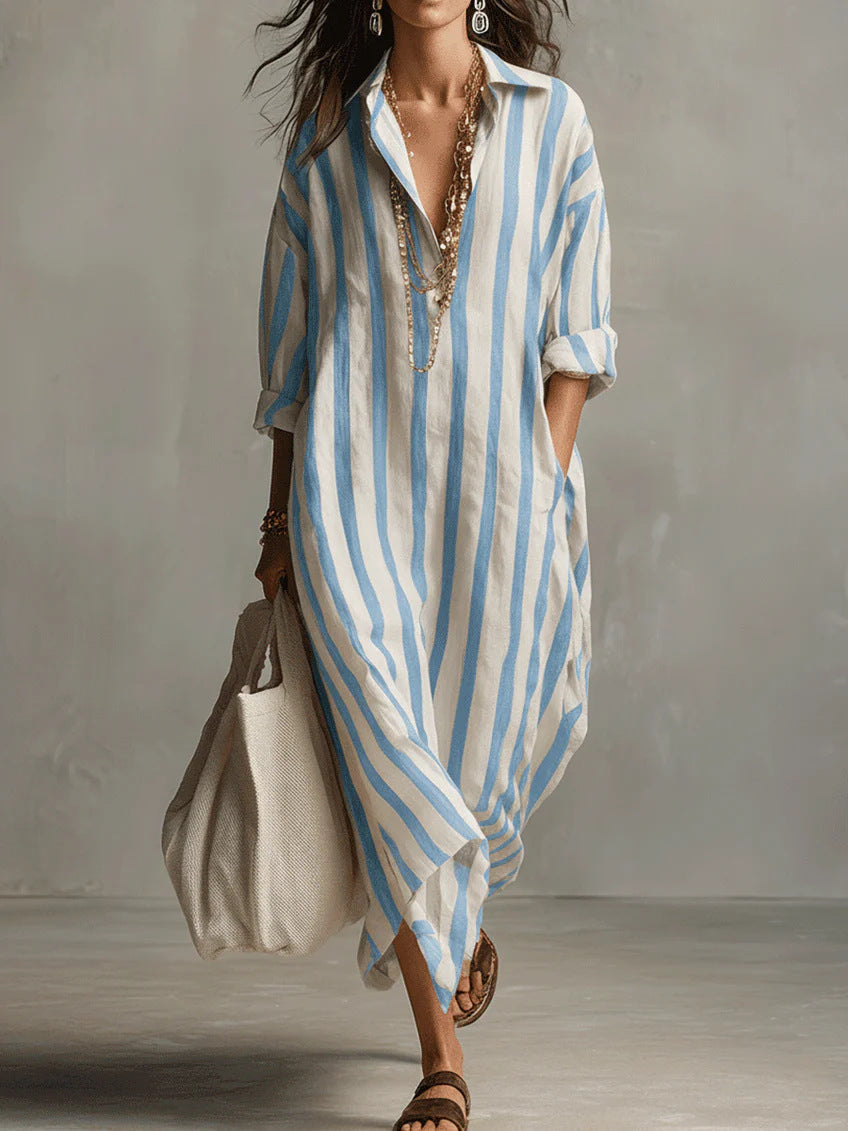 Women's striped maxi dress in pink and white with a classic shirt collar and flowing silhouette