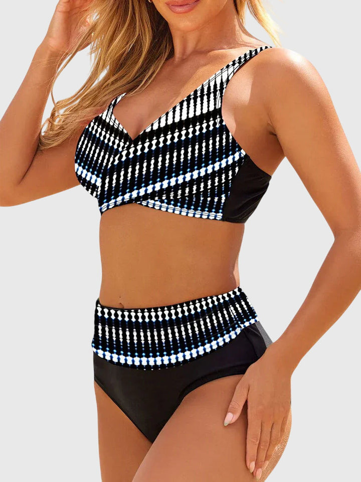 High-waist bikini in turquoise geometric print with structured top