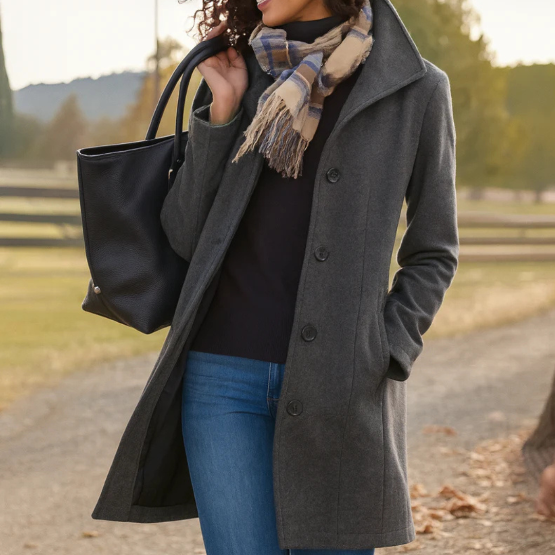 A woman wearing an elegant single-button coat over a jumper on a crisp autumn day.