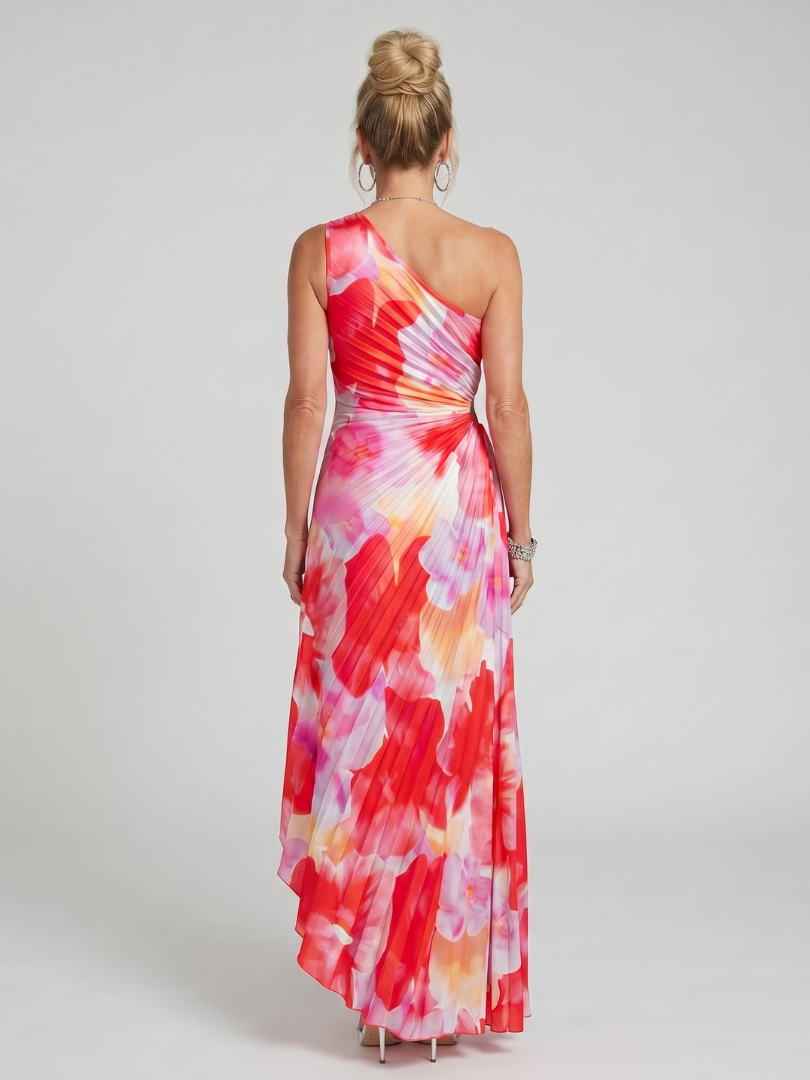 Floral one-shoulder midi dress with a pleated bodice and a flowing relaxed skirt