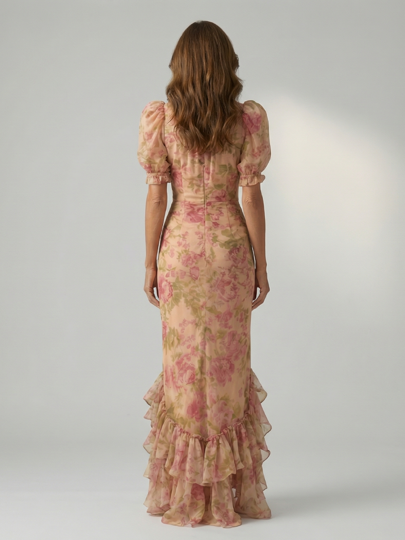 Floral maxi dress with gathered high neck, puffed short sleeves and frill hem detail