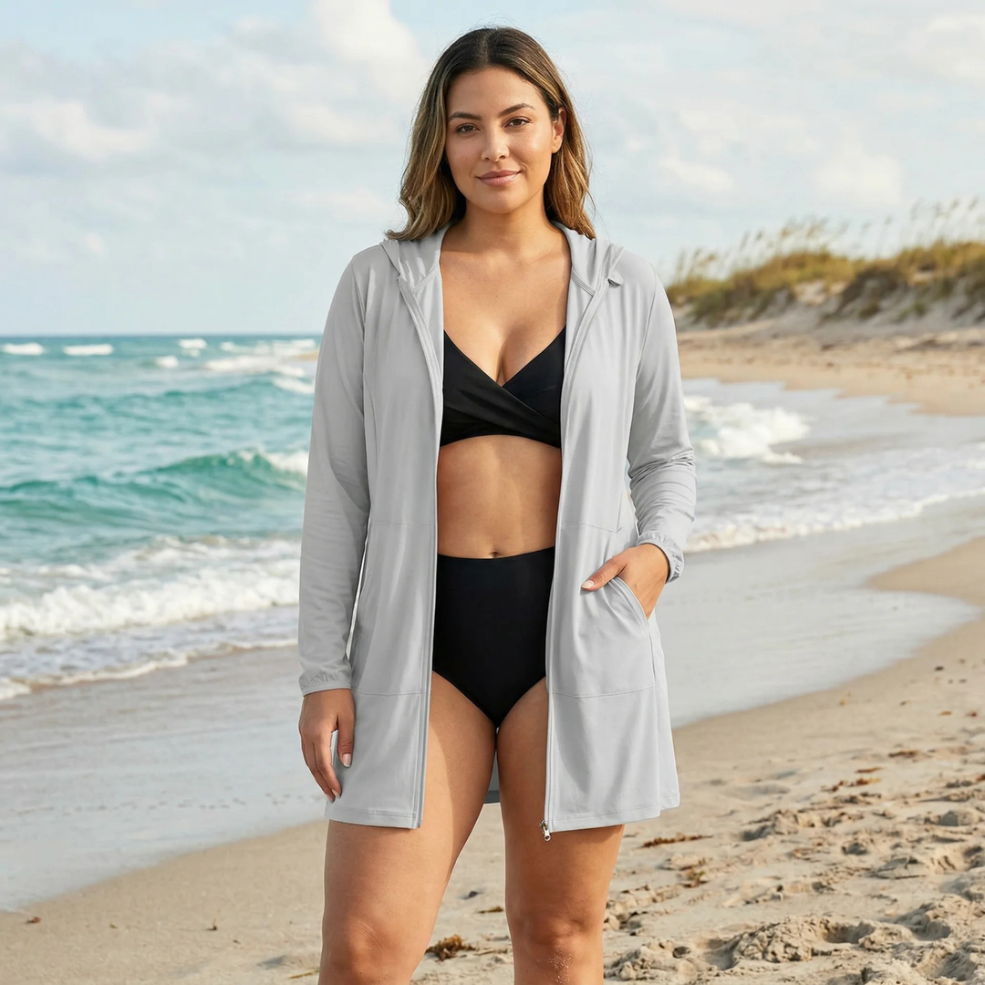 Long-sleeve zip-front swim top in black with UV protection