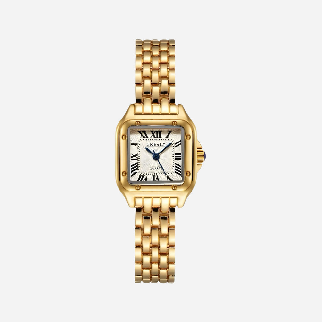 Colourful boho women's bracelet watch with a patterned strap and contrasting dial in gold