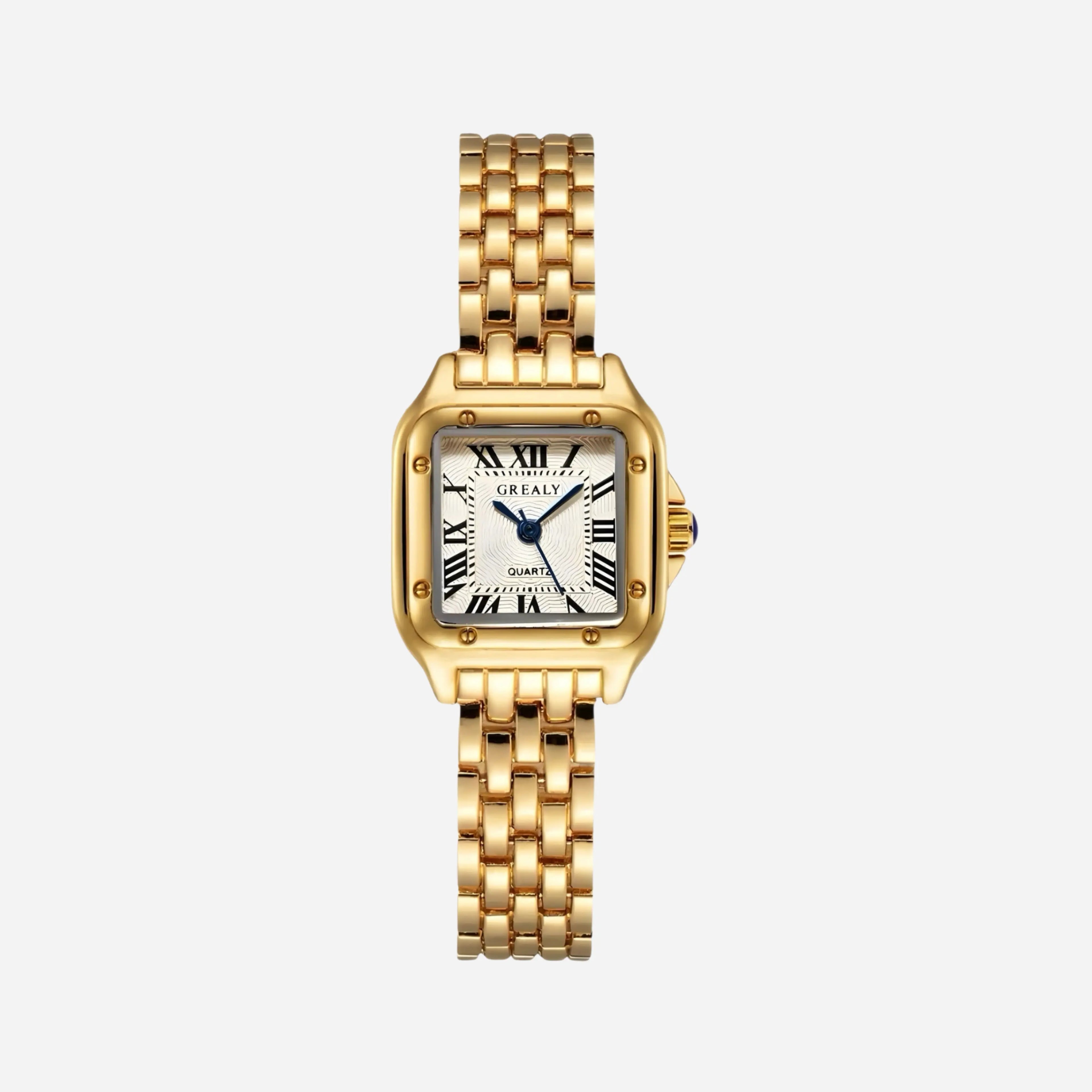 Colourful boho women's bracelet watch with a patterned strap and contrasting dial in gold