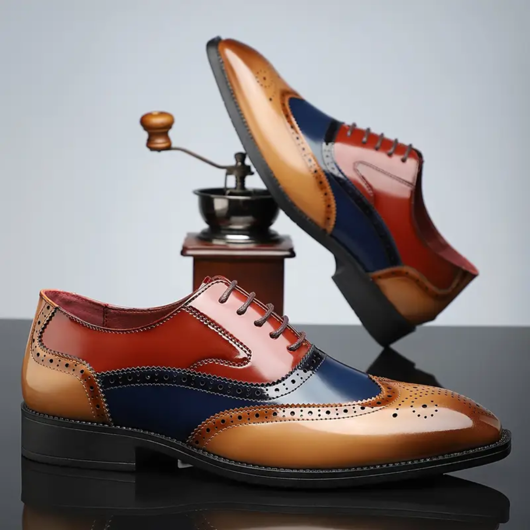 Men's two-tone brogue shoes in colourful panels with a classic perforated brogue pattern
