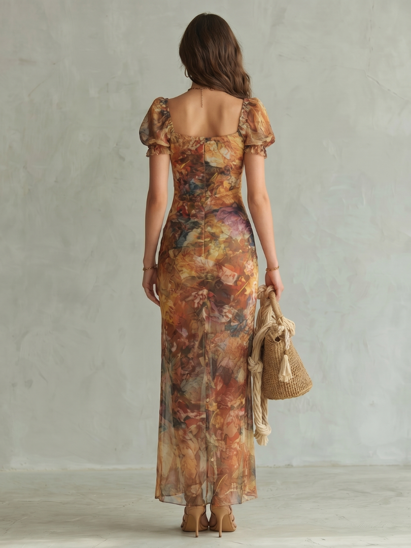 Multicolour fitted midi dress with short flutter sleeves, ruched bodice and front slit