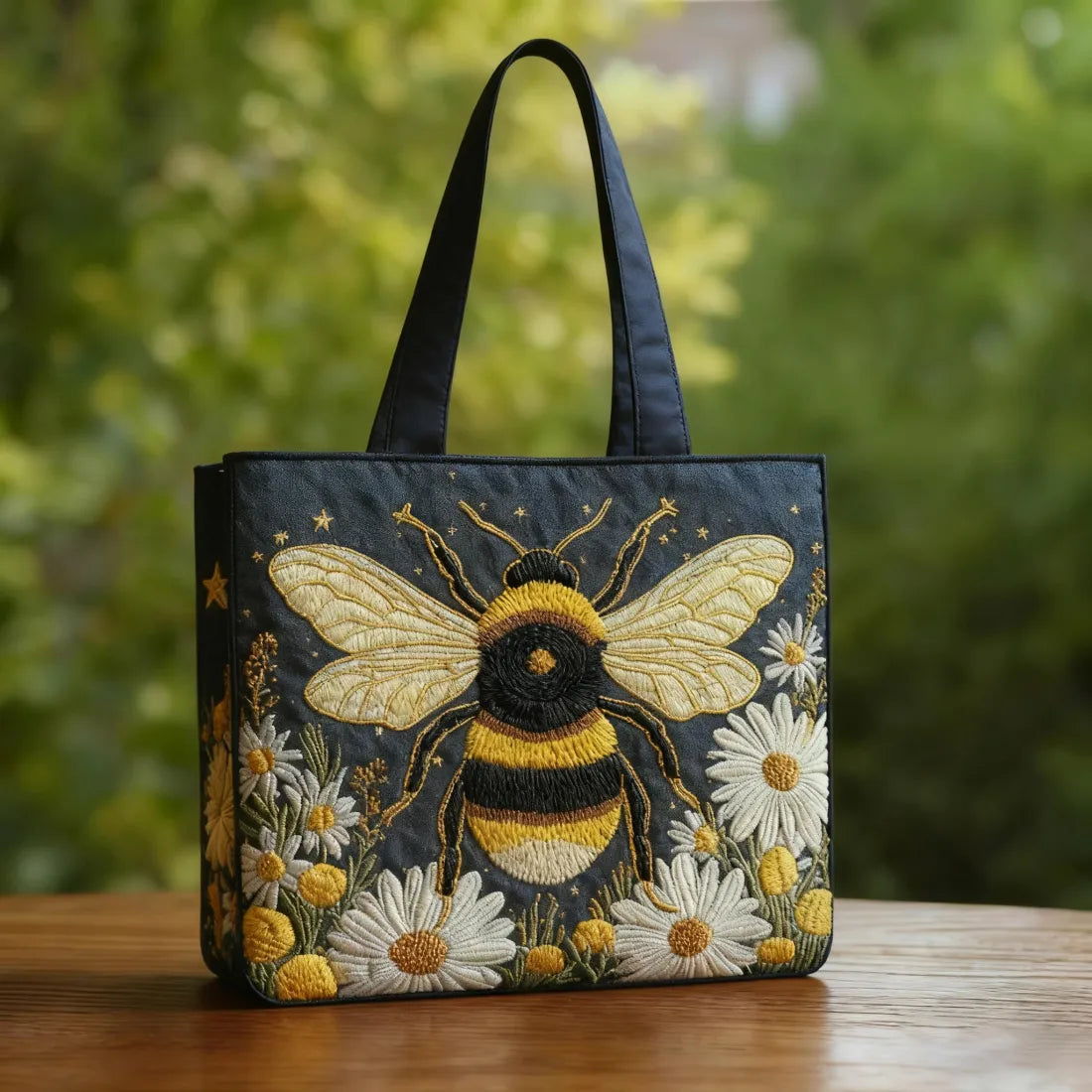 Quilted tote bag with a bee, daisies and stars motif and wave-stitch quilted pattern