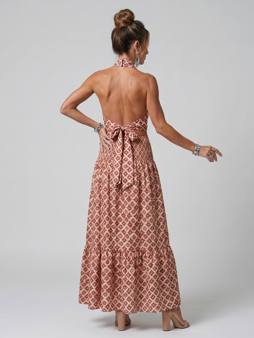 Geometric multicolour crossover halter midi dress with a fluid flowing skirt