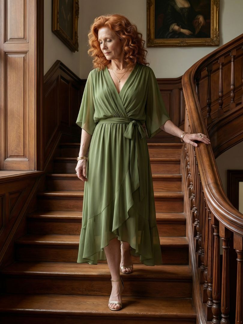 Green floaty midi dress with a draped V-neckline and soft bow waist detail