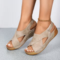 Crossover wedge sandals in beige, brown, black and white, green and blue, blue and white, and orange
