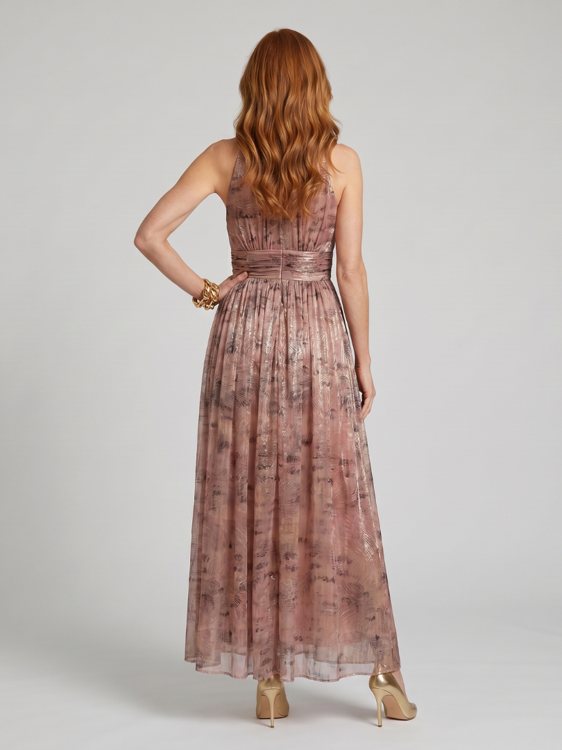 Pink sleeveless high-neck midi dress with a subtle textured finish and pleated skirt