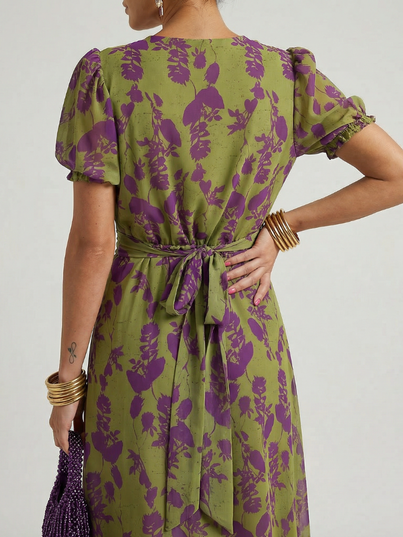 Floral print midi dress with wrap V-neckline, defined waist and straight flowing skirt